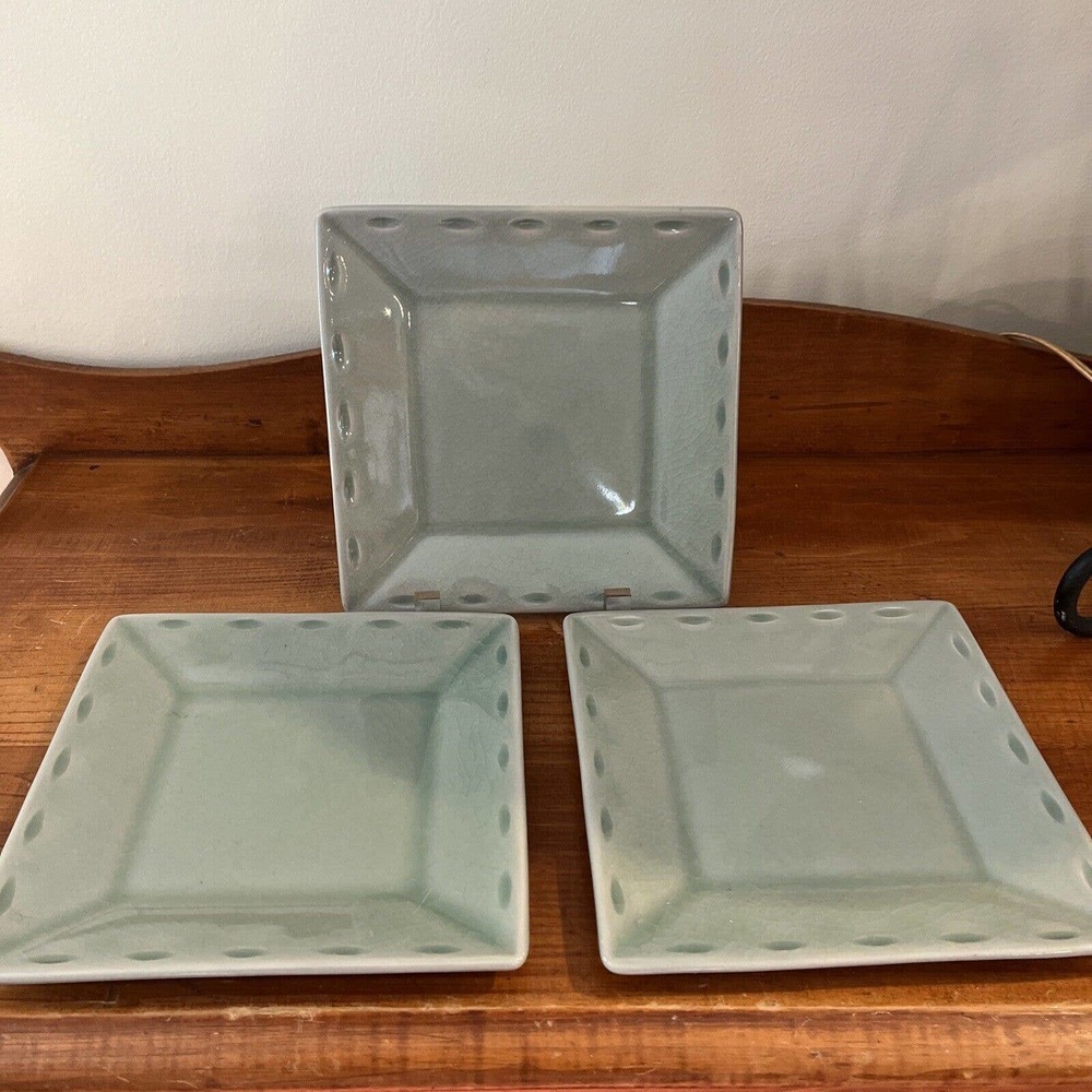 Simon Pearce Belmont Celadon Crackle 7” Square Appetizer Salad Plates Set/3